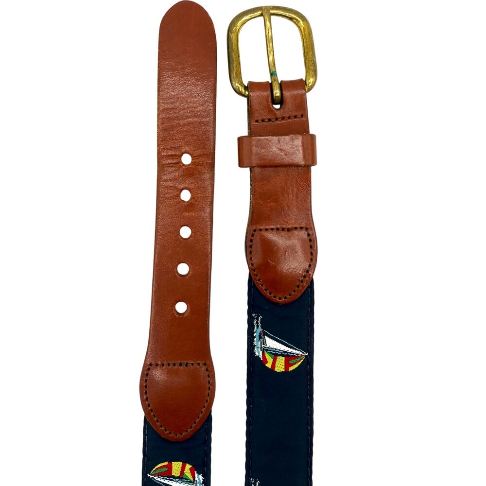 Vintage Preppy Sailboat Embroidered Leather Brass BuckleHandmade CT USA‎ Sz. 36